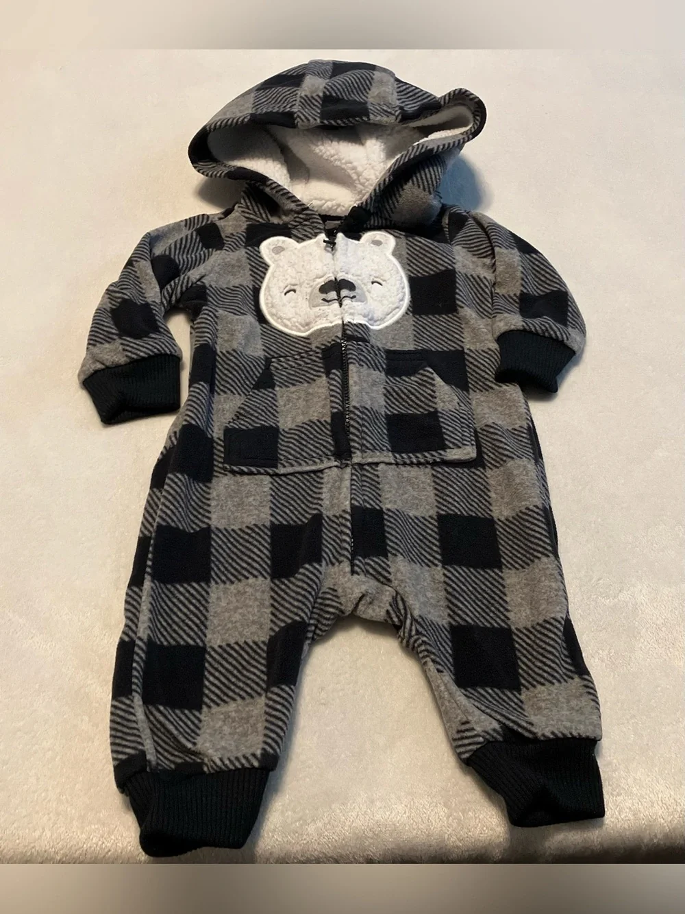 Cozy Grey & Black Buffalo Plaid Baby One-Piece with Bear Applique
